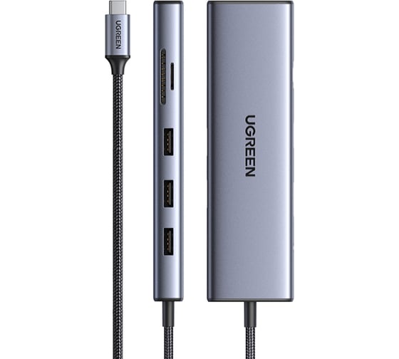Изображение товара USB-концентратор (хаб) Ugreen CM498 USB-C To 3хUSB 3.0 A+HDMI+VGA+RJ45 Gigabit+SD/TF+AUX3.5mm+PD, цвет серый 15601