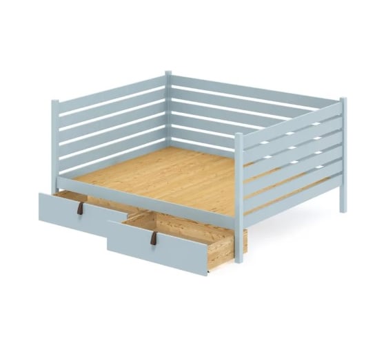 Изображение товара Тахта двуспальная Solarius из массива сосны со сплошным основанием и высокими бортиками, 140x190 см, габариты 150x200 см, с двумя выкатными ящиками, цвет голубой tahta-spin140-190gol-full-2yash