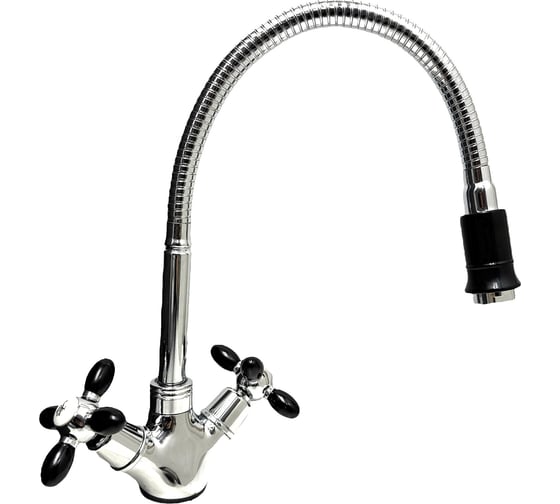 Изображение товара Смеситель для кухни с гибким изливом Rainsberg двухвентильный, высота 260 мм, подвод воды гибкий, хром/черный R6013F-2