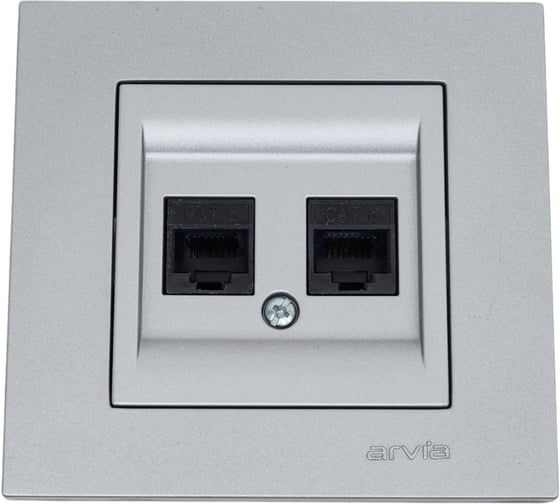 Изображение товара Розетка дата с двойным разъемом на выходе Arvia Electric (2 х RJ45 кабель CAT6) цвет серебряный (с рамкой) 20032000248