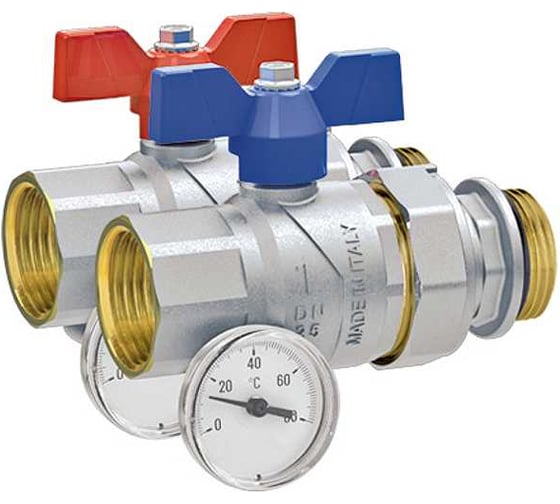 Изображение товара Кран американка с термометром FIV 1 (комплект 2 шт. син.+крас.) Италия 6061R006