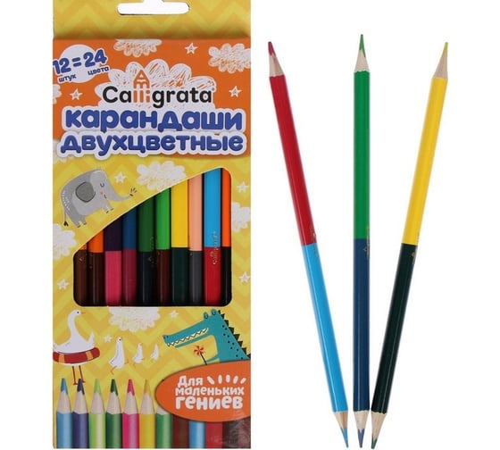 Изображение товара Двухцветные карандаши Calligrata 12 штук, 24 цвета, в картонной коробке, треугольные 3883843