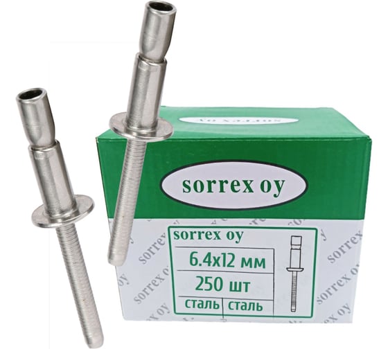 Изображение товара Заклепка вытяжная SORREX 6,4x12 (23,7) усиленная (моноболт), сталь/сталь, полукруглый бортик, 250 шт. SS-CFIX0806 250