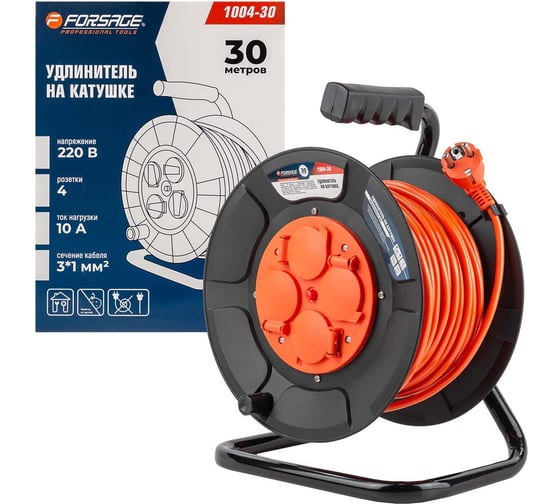 Изображение товара Удлинитель на катушке Forsage с розетками 30м (220В, 3х1мм²,10А,4 розетки) F-1004-30(57842)