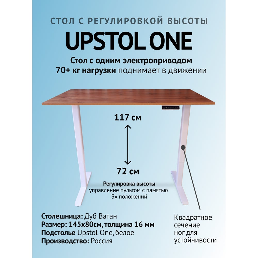 Изображение товара Компьютерный стол с регулируемой высотой UPSTOL ONE, белый/дуб вотан, 145x80 см