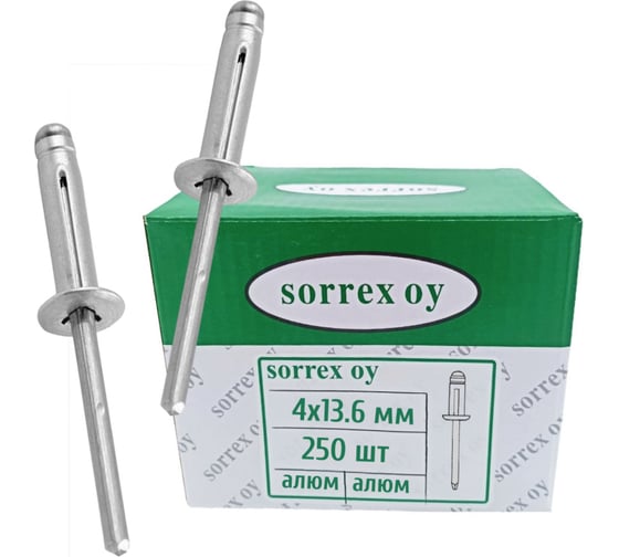 Изображение товара Заклепка вытяжная распорная SORREX (BULBEX) алюм/алюм 4x13,6 (250штук) AAD 40130 250
