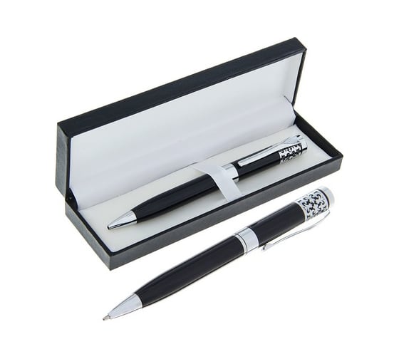 Изображение товара Поворотная шариковая подарочная ручка Calligrata Гравюра в кожзам футляре, корпус черно-серебристый 132008