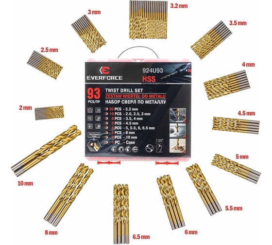 Изображение товара Набор сверл по металлу EVERFORCE 93 предмета, в кейсе EF-924U93(58826)