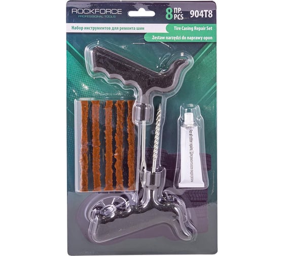 Изображение товара Набор инструментов для ремонта шин Rockforce 8 предметов, шило, протяжка, шнуры 5 шт., клей, в блистере RF-904T8(52310)