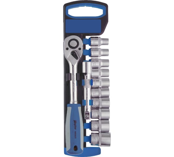 Изображение товара Набор головок торцевых КОБАЛЬТ 1/2" 10, 11, 12, 13, 14, 15, 17, 19, 22, 24 мм + трещоточная рукоятка, Cr-V, 12 предметов, подвес 919-715