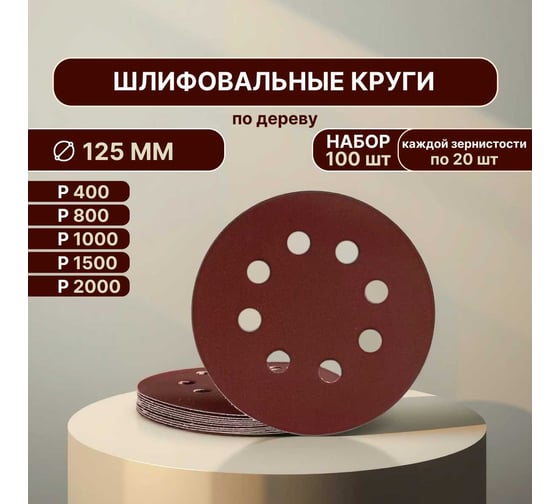 Изображение товара Набор шлифовальных кругов Vitatools 125 мм, 100шт, с P400 по P2000, красные, 8 отверстий R-125-P400-P2000-100-8