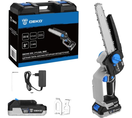 Изображение товара Пила цепная аккумуляторная бесщеточная DEKO DKCHS 20V, 20В, 2x3,0Ач в кейсе 085-2011