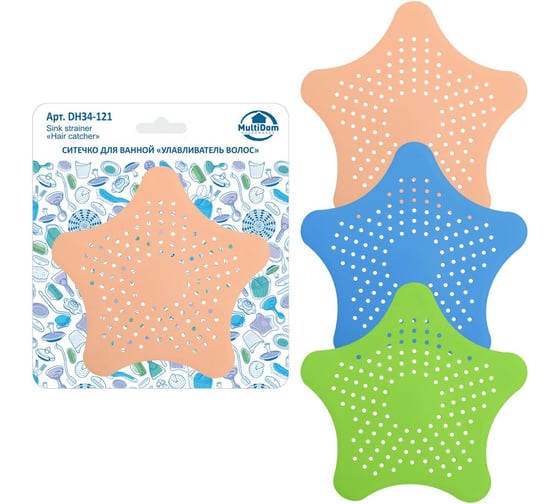 Изображение товара Ситечко для ванной улавливатель волос МУЛЬТИДОМ 15х15 см, 3 цвета 34 131 DH34-121