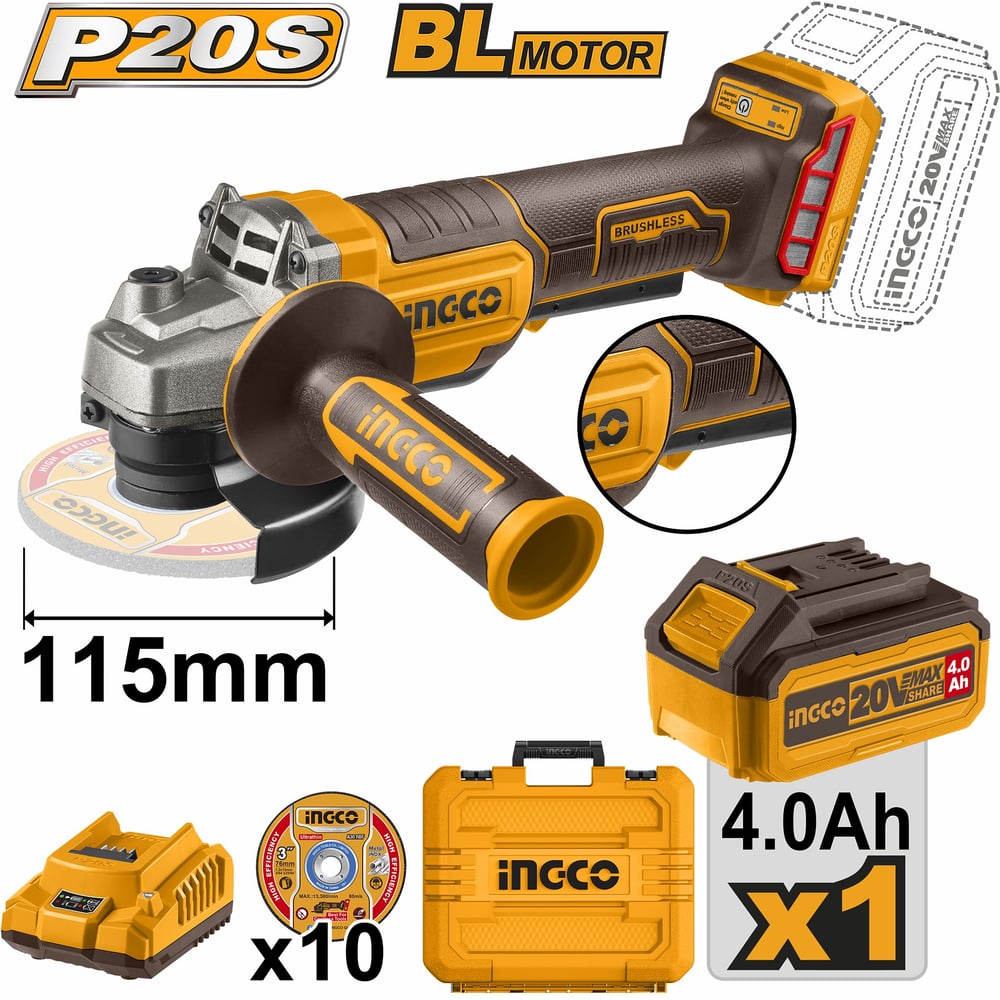 Изображение товара Аккумуляторная угловая шлифовальная машина INGCO 20 В 115/125 мм 1xАКБ 4.0 Ач и ЗУ кейс