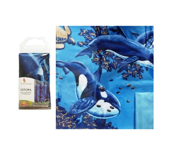 Изображение товара Штора для ванной EUROHOUSE Киты и черепахи с кольцами, 180х180 см, тип плетения нитей сатин 4833
