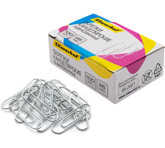 Изображение товара Скрепки Silwerhof 491028 металл, оцинкованные, 25 мм, 100 шт., картонная коробка 426369