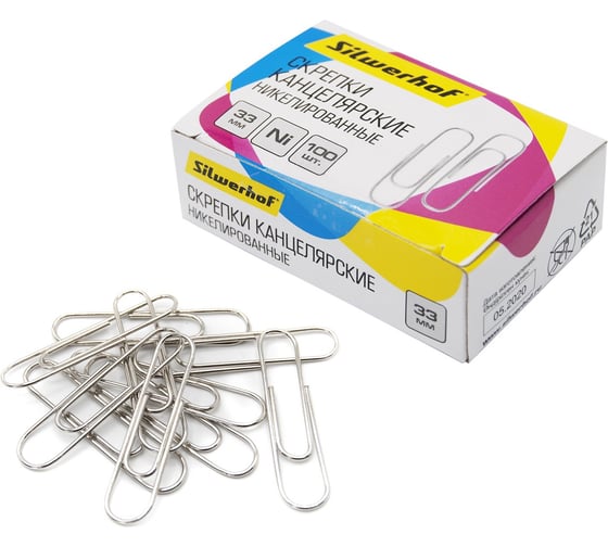 Изображение товара Скрепки Silwerhof никель, 33 мм, 100 шт., картонная коробка 1206566