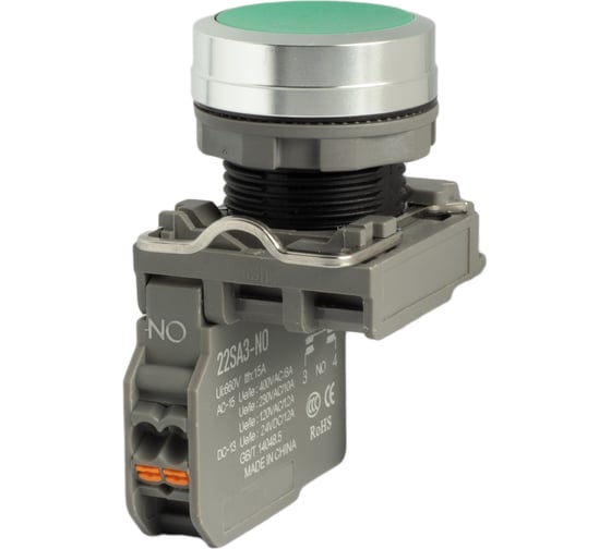 Изображение товара Кнопка CONTA комплект 3 предмета, кнопка матовая, зеленая, металл, с держателем, 1NO TA22SA-PF-G-A/ZZ/NO 00-00011818