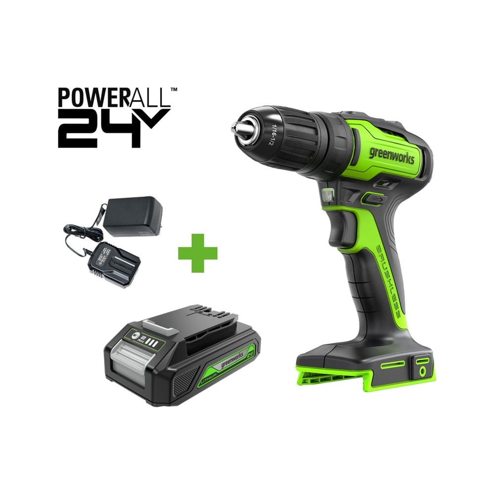 Изображение товара Бесщеточная дрель-шуруповерт GreenWorks GD24DD35, 24В, 29/35 Нм, 1x2Ач,ЗУ, 3704007VUA