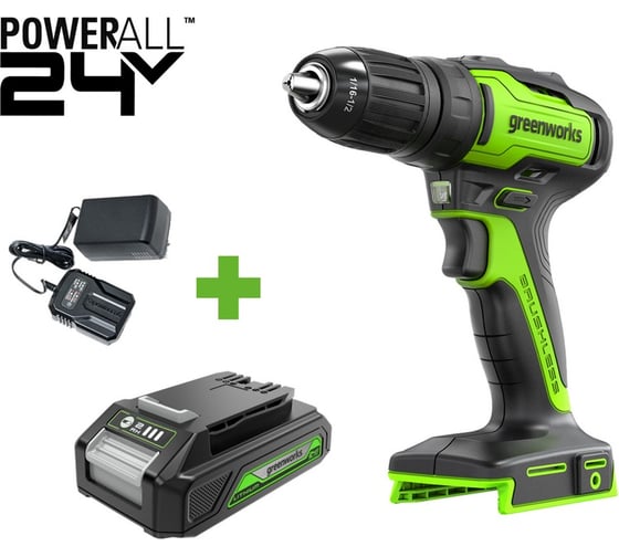 Изображение товара Бесщеточная дрель-шуруповерт GreenWorks GD24DD35, 24В, 29/35 Нм, 1x2Ач,ЗУ, 3704007VUA