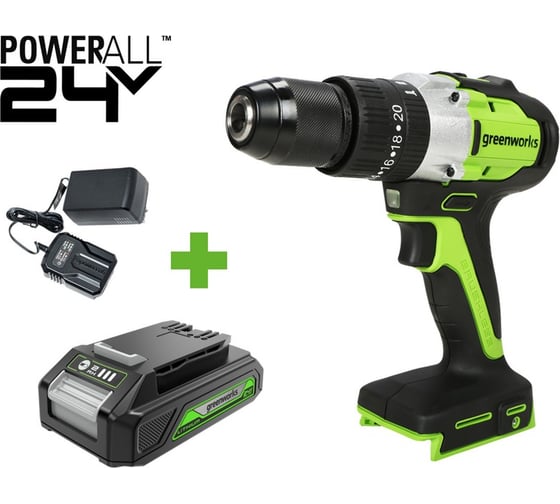 Изображение товара Дрель-шуруповерт ударная GreenWorks GD24DD60, 24V, б/щет, 0-450/0-1700 об/мин, 30/60Нм, 1x2Ач, ЗУ, кор 3704107VUA