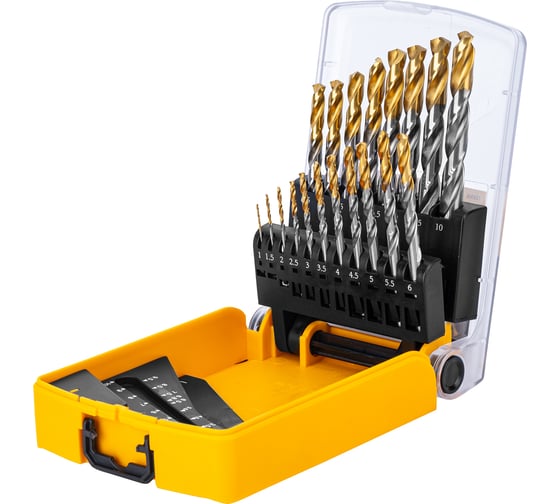 Изображение товара Набор сверл по металлу Denzel 1-10 мм, Р6М5-TiN, Golden Tip, 19 шт 723003