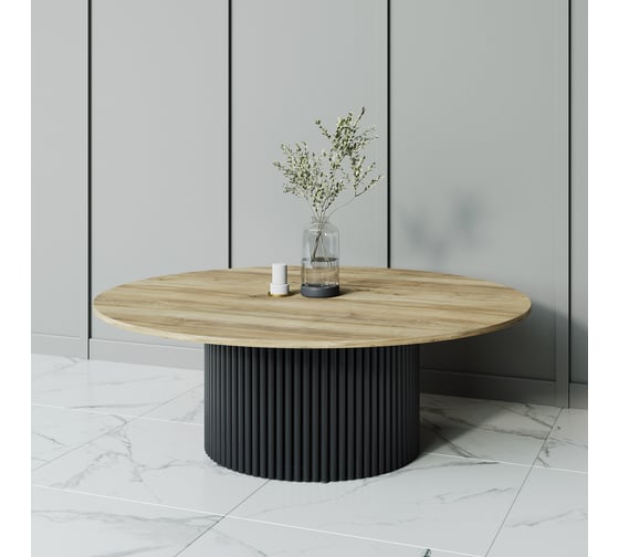 Изображение товара Круглый журнальный стол GENGLASS TRUBIS Wood с металлическим подстольем 600х600 мм, чёрное подстолье столешница орех 120 см GGT-03-2-1-M-120