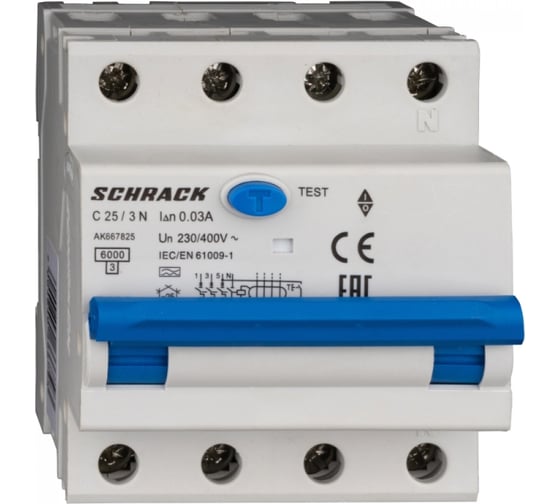 Изображение товара Дифференциальный автоматический выключатель Schrack Technik тип A, 6P, 3P+N, A, 25A/30mA, 4М AK667825