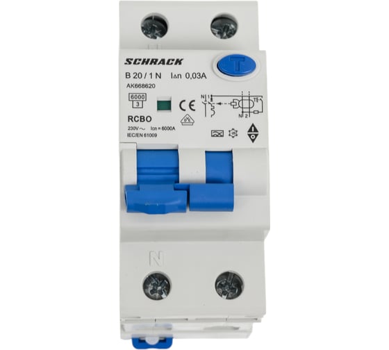 Изображение товара Дифференциальный автоматический выключатель Schrack Technik тип A, 6кА, 1P+N, B, 20A/30mA AK668620