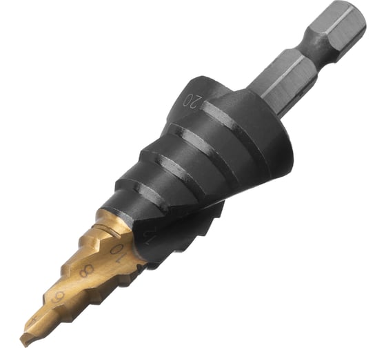 Изображение товара Сверло ступенчатое Denzel 4-6-8-10-12-14-16-18-20 мм, Р6М5, 6-гр. хвостовик 723603