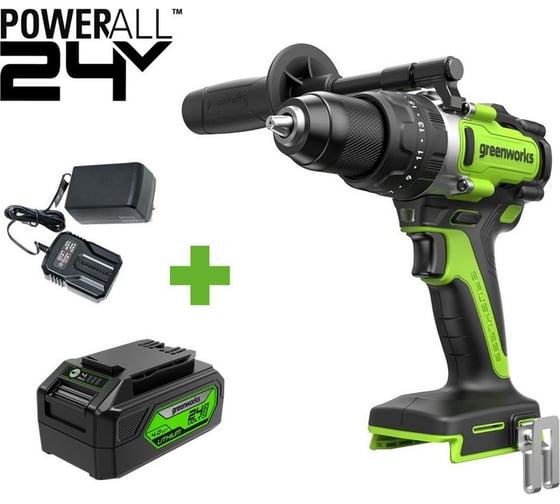 Изображение товара Дрель-шуруповерт ударная GreenWorks GD24DD140, 24V, б/щет, 0-550/0-2100об/мин, 70/140Нм, Anti-kickback, 1x4Ач, ЗУ, коробка 3707607VUB