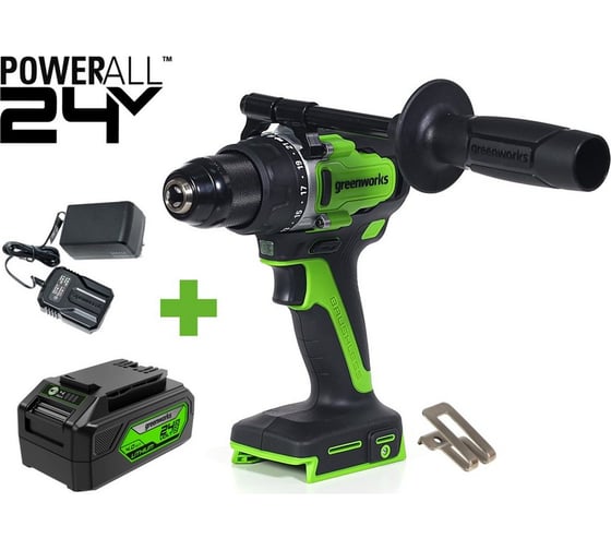 Изображение товара Дрель-шуруповерт GreenWorks GD24DD90, 24V, б/щет, 0-550/0-2100об/мин, 45/90Нм, 1x4Ач, ЗУ, коробка 3707507VUB