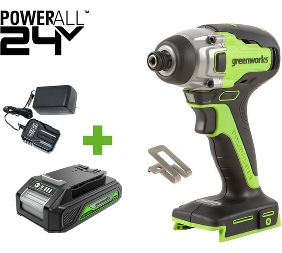 Изображение товара Винтоверт ударный GreenWorks GD24ID3, 24V, б/щет, 0-2800об/мин, 4000уд/мин, HEX 1/4", 300Нм, 3 режима, 1x2Ач, ЗУ, коробка 3802807VUA