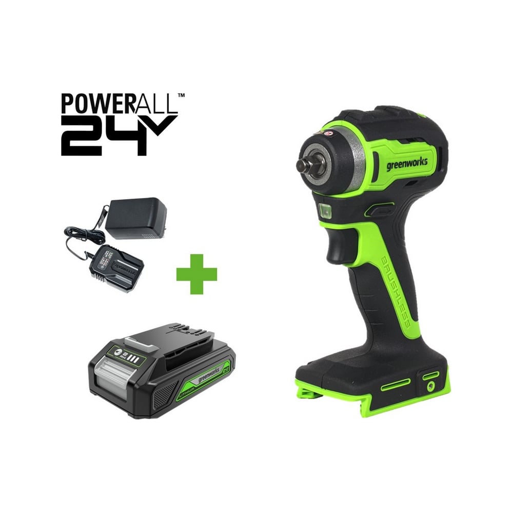 Изображение товара Гайковерт ударный GreenWorks G24IW200, 24V, б/щет, 0-2400об/мин, 3200уд/мин, 3/8'', 200Нм, 1x2Ач, ЗУ, коробка 3803607VUA
