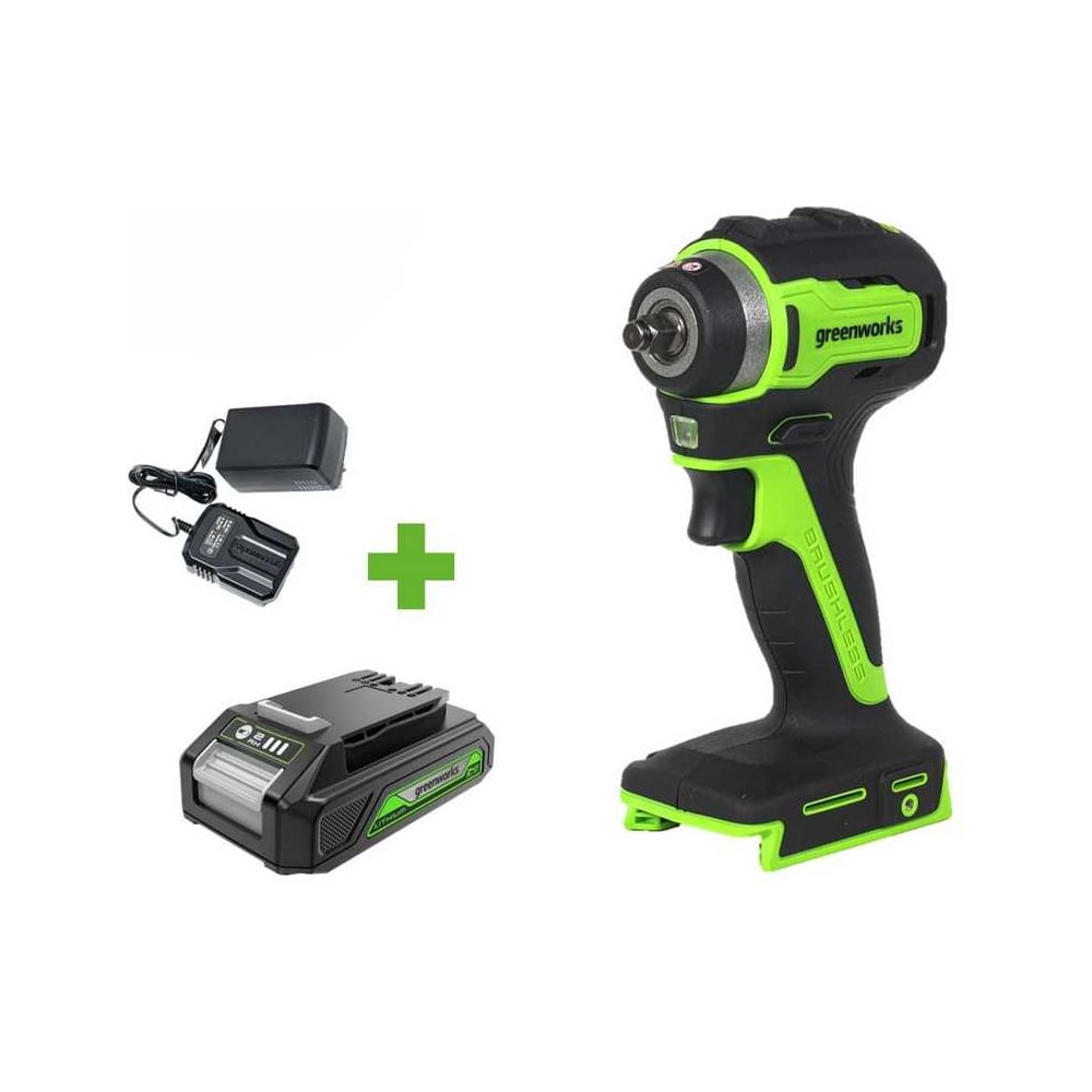 Изображение товара Аккумуляторный гайковерт GreenWorks G24IW200 24V, 200Нм, 3/8 дюйма, аккумулятор 2Ач
