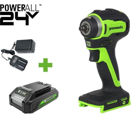 Изображение товара Гайковерт ударный GreenWorks G24IW200, 24V, б/щет, 0-2400об/мин, 3200уд/мин, 3/8'', 200Нм, 1x2Ач, ЗУ, коробка 3803607VUA