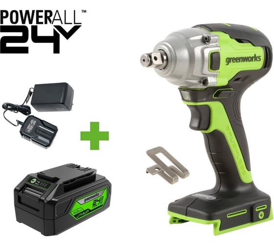 Изображение товара Гайковерт ударный GreenWorks GD24IW400, 24V, б/щет, 0-2800об/мин, 4000уд/мин, 1/2'', 400Нм, 1x4Ач, ЗУ, коробка 3802907VUB