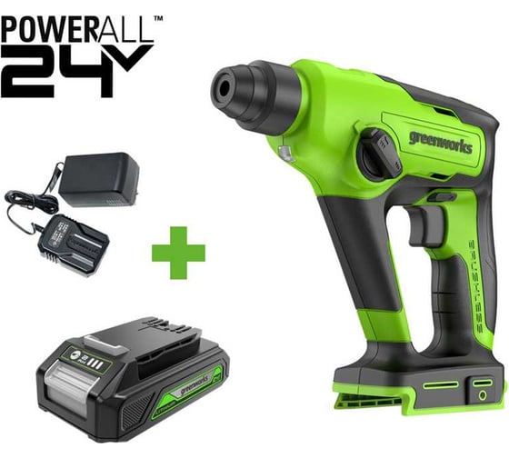 Изображение товара Перфоратор GreenWorks GD24SDS1, 24V, б/щет, 1.2 Дж, 4800уд/мин, 12 мм в бетоне, 1x2Ач, ЗУ, коробка 3803107VUA