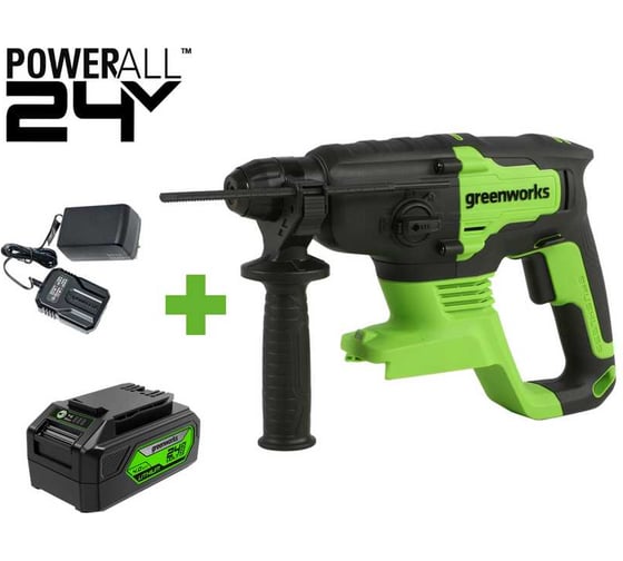 Изображение товара Бесщеточный перфоратор GreenWorks GD24SDS2, 24В, 2 Дж, 4500уд/мин, 24 мм в бетоне, 1x4Ач, ЗУ, 3803007VUB