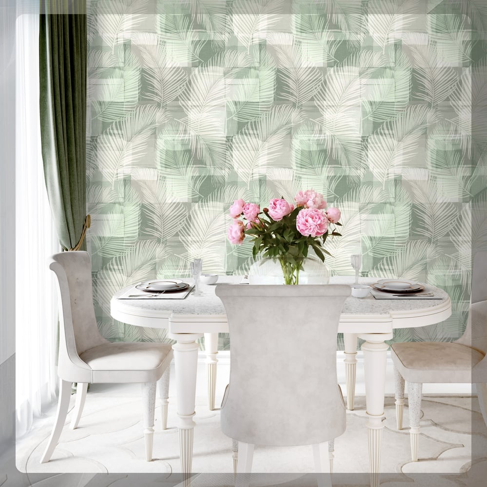 Изображение товара Обои FOX Эльба ДПЛ 12547 серо-зеленые с рисунком Перья 10 м