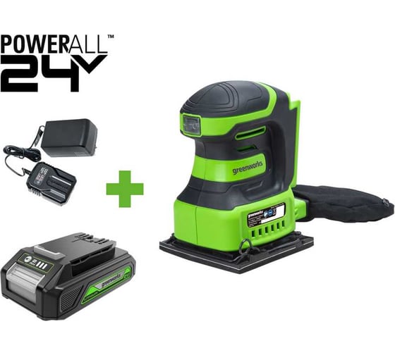 Изображение товара Плоская шлифовальная машина GreenWorks G24SS14, 24V, 115x140мм, 5500 об/мин, ампл. 1,6 мм, 1x2Ач,ЗУ, коробка 3100507VUA