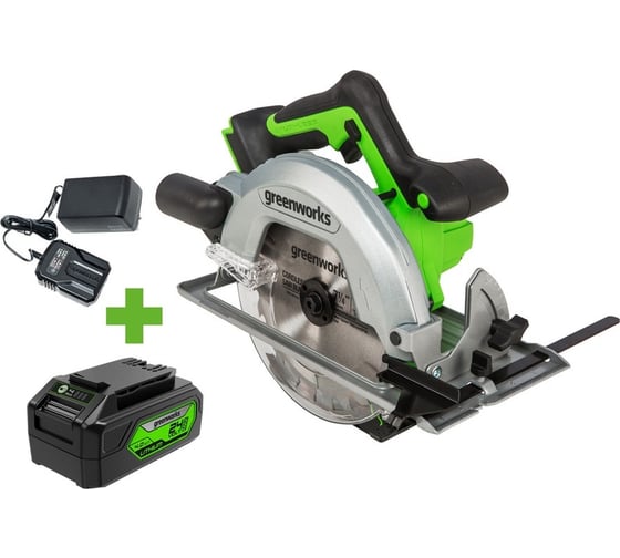Изображение товара Дисковая пила GreenWorks GD24CS, 24V,б/щет, диск 185х20мм, 4500 об/мин, рез 63мм,1x4Ач,ЗУ, коробка 1500907VUB