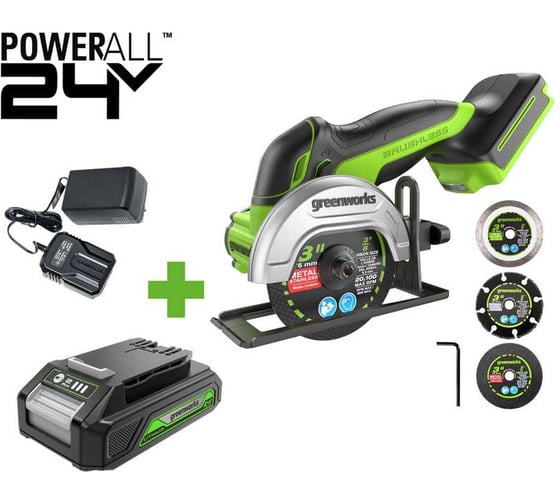 Изображение товара Угловая мини-шлифмашина GreenWorks GD24UCS, 24V, б/щет, 20000 об/мин,76 мм, рез 18 мм, 1x2Ач, ЗУ, коробка 3402007VUA