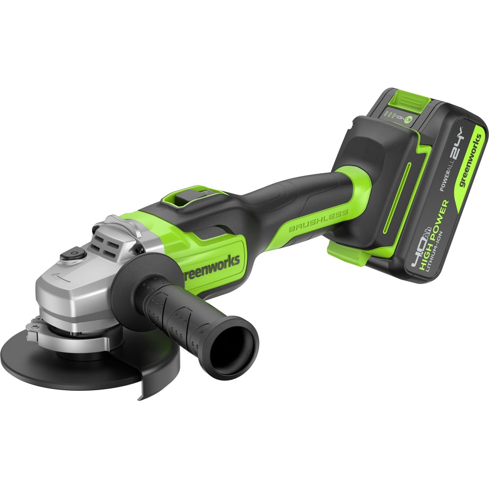 Изображение товара Угловая шлифовальная машина GreenWorks GD24AG, 24V, б/щет, 125 мм, 10500 об/мин,1x4Ач,ЗУ, коробка 3200207VUB Изображение товара Угловая шлифовальная машина GreenWorks GD24AG, 24V, б/щет, 125 мм, 10500 об/мин,1x4Ач,ЗУ, коробка 3200207VUB