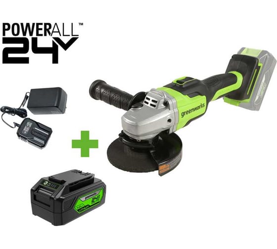Изображение товара Угловая шлифовальная машина GreenWorks GD24AG, 24V, б/щет, 125 мм, 10500 об/мин,1x4Ач,ЗУ, коробка 3200207VUB