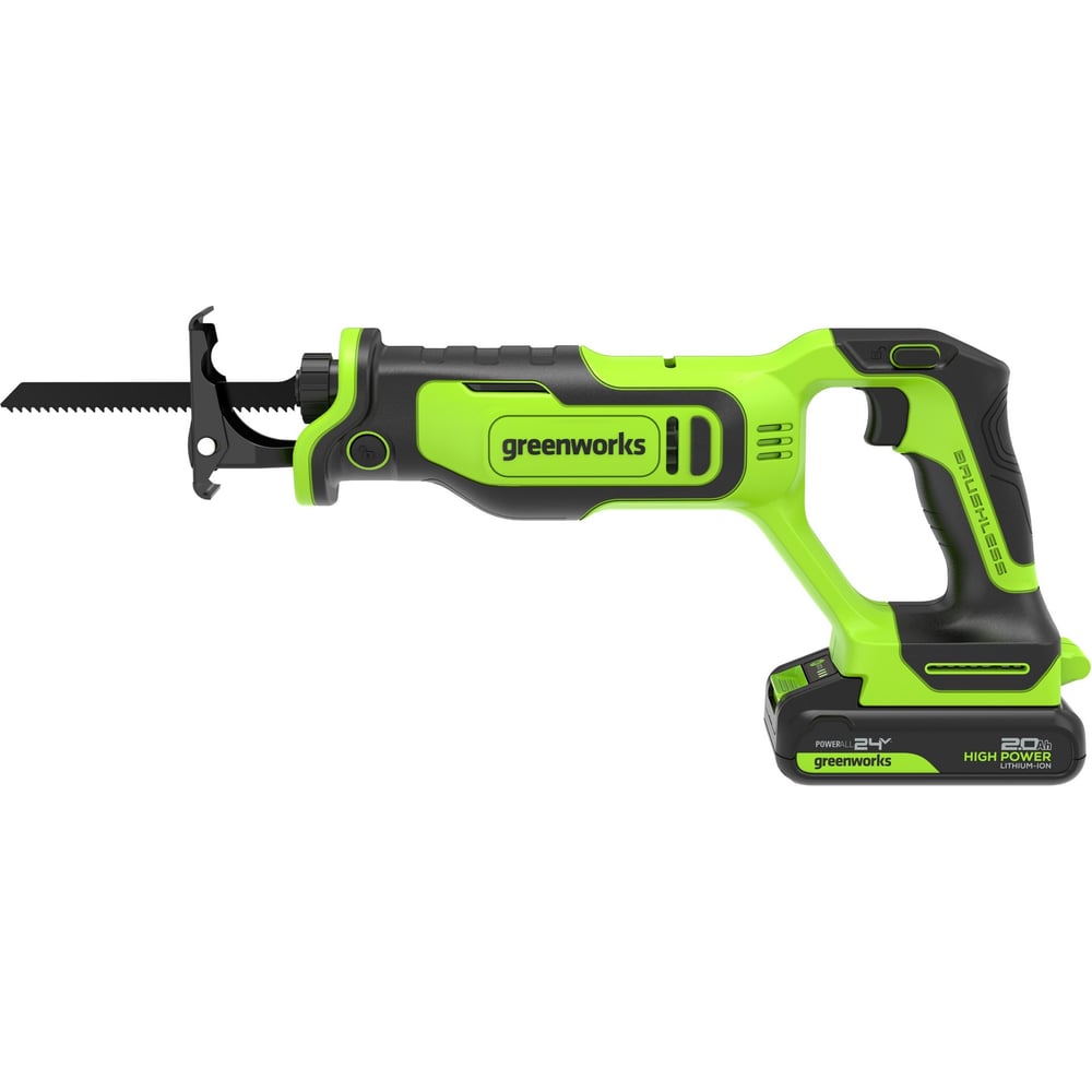 Изображение товара Пила сабельная GreenWorks GPT-BLRS-1, 24V, б/щет, 0-3000/мин, рез 115 мм дер., 1x2Ач,ЗУ, коробка 1200607VUA Изображение товара Пила сабельная GreenWorks GPT-BLRS-1, 24V, б/щет, 0-3000/мин, рез 115 мм дер., 1x2Ач,ЗУ, коробка 1200607VUA