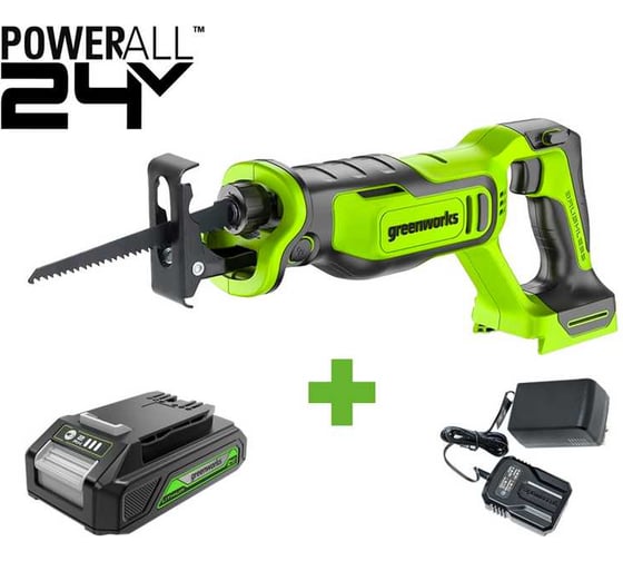 Изображение товара Пила сабельная GreenWorks GPT-BLRS-1, 24V, б/щет, 0-3000/мин, рез 115 мм дер., 1x2Ач,ЗУ, коробка 1200607VUA