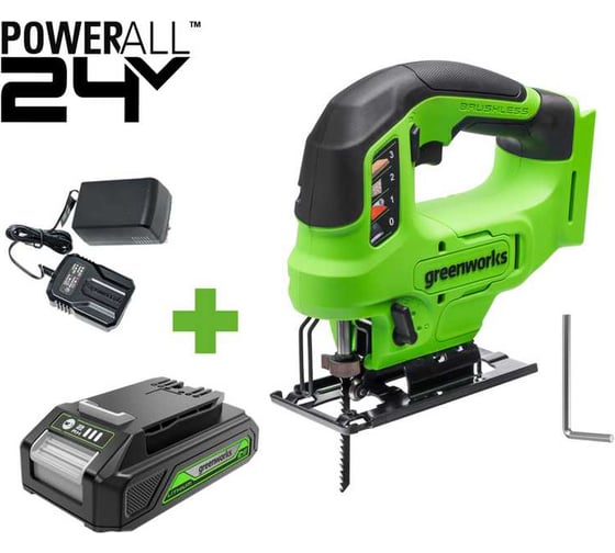 Изображение товара Лобзик GreenWorks GD24JS90, 24V, б/щет, 90мм, 0-3000/мин, 4 ст.маятник, LED, 1x2Ач, ЗУ, коробка 3601707VUA