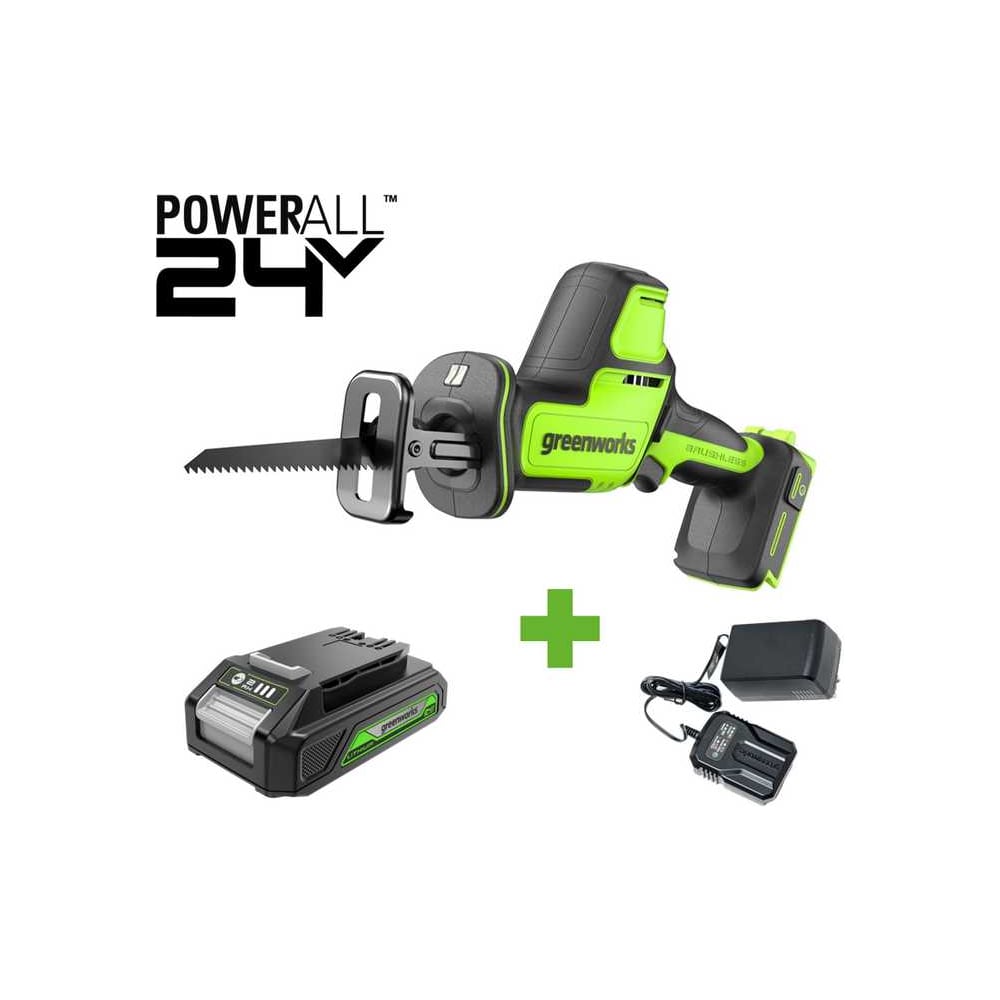 Изображение товара Пила сабельная GreenWorks GPT-CRS-25, 24V, б/щет, 0-3000/мин, рез 80мм по дереву, LED, 1x2Ач, ЗУ, коробка 1200507VUA