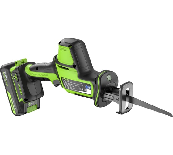 Изображение товара Пила сабельная GreenWorks GPT-CRS-25, 24V, б/щет, 0-3000/мин, рез 80мм по дереву, LED, 1x2Ач, ЗУ, коробка 1200507VUA